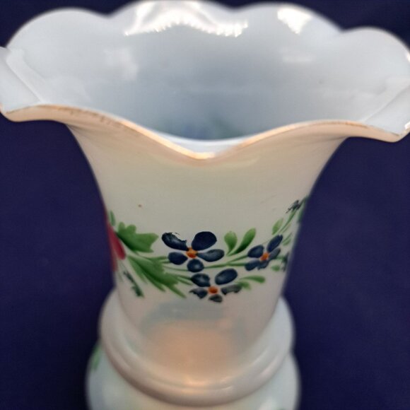 Hand Blown Ruffled Opal Glass Vase Floral Design - Picture 7 of 12